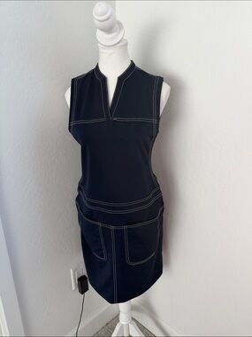 Tory Burch Tory Sport Sleeveless Black Shift Dress with White Topstitching